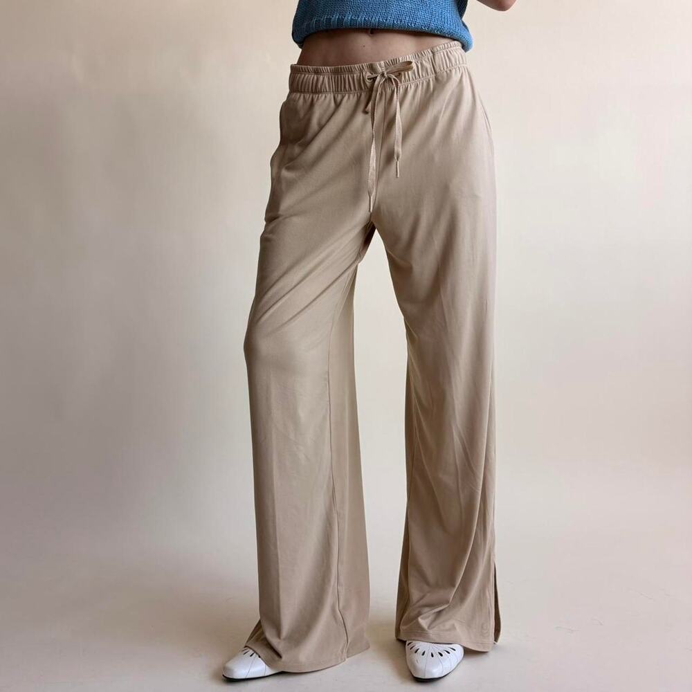 Tan Wide Leg Lounge Pants - Drawstring Waist, Ankle Slits, Size XS - Picture 4 of 6
